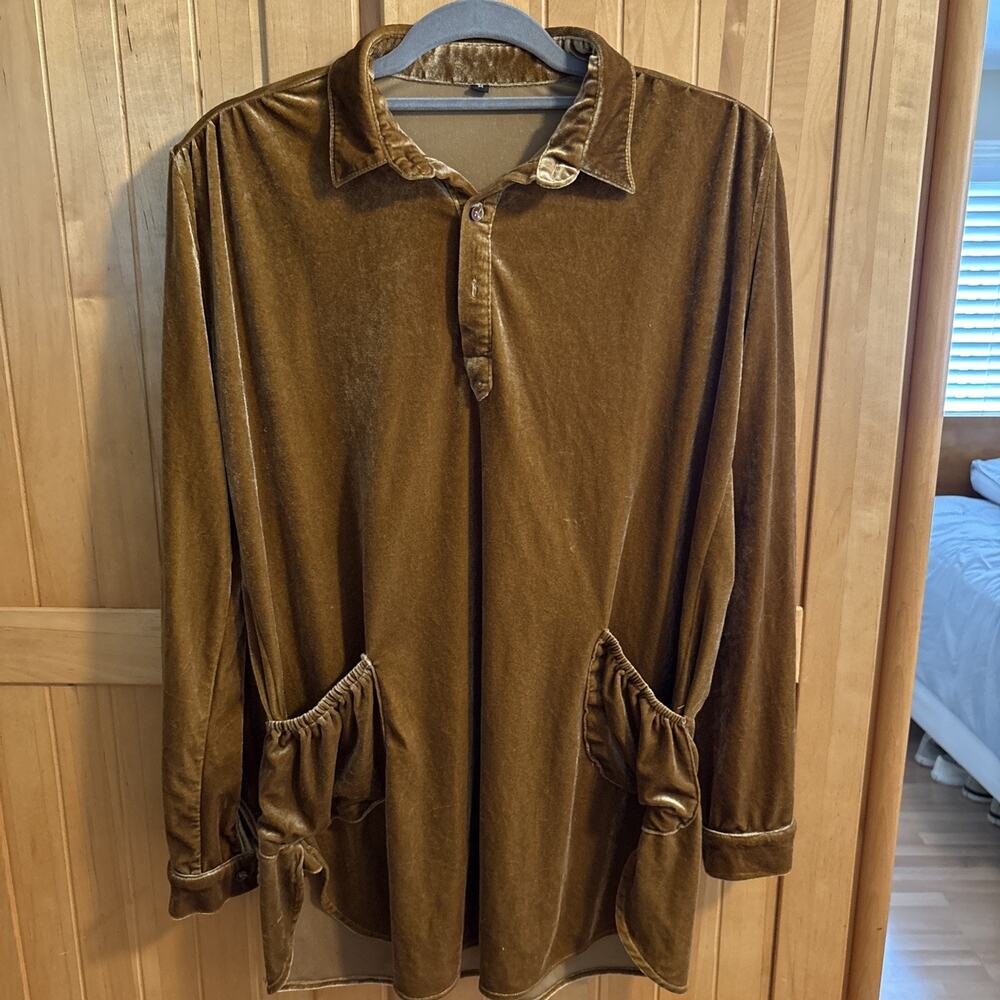 Velvet Velour Tunic Top Dress Gold Long Sleeve Pockets Collared Button Asymmetri